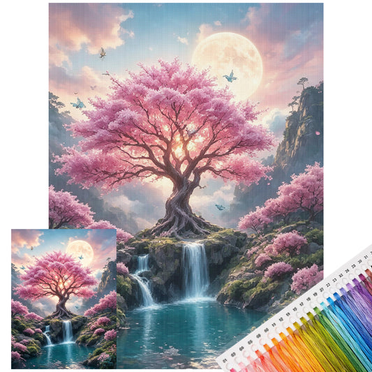 Sakura-Bach unter Mondschein - Vollständiges 11CT Stanz-Kreuzstichset 40x53CM - Huacan