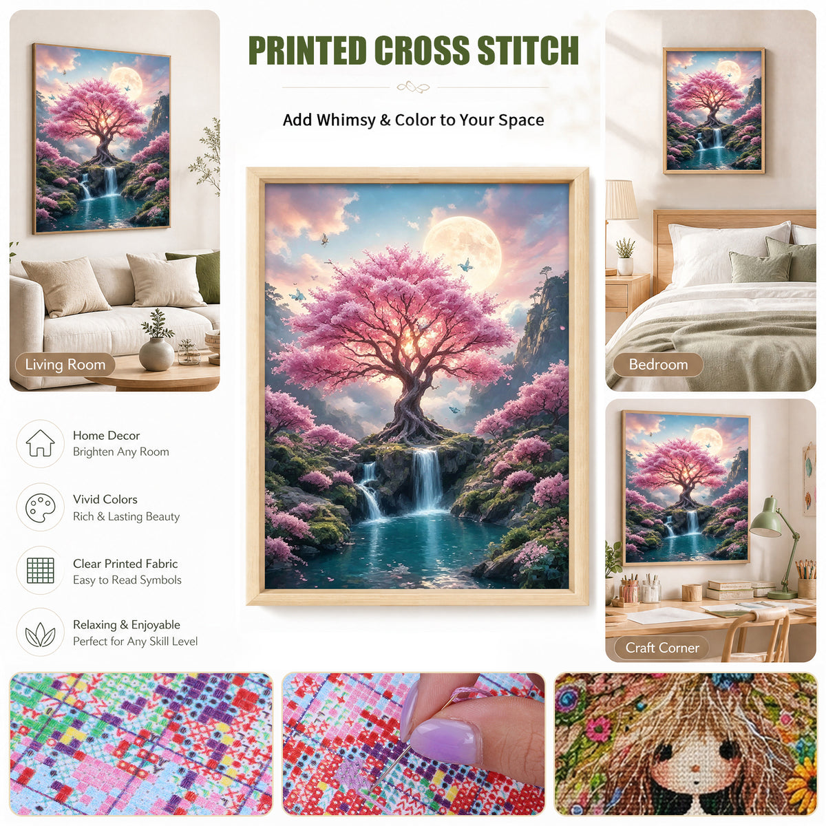 Sakura-Bach unter Mondschein - Vollständiges 11CT Stanz-Kreuzstichset 40x53CM - Huacan