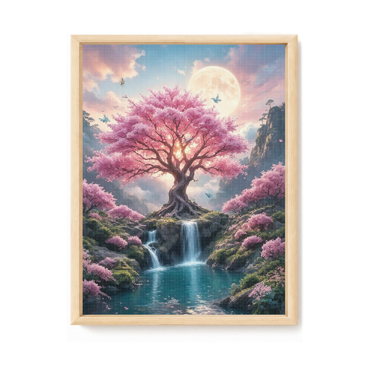 Sakura-Bach unter Mondschein - Vollständiges 11CT Stanz-Kreuzstichset 40x53CM - Huacan
