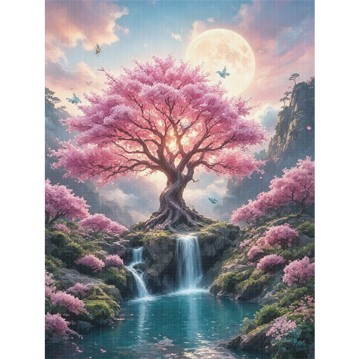 Sakura-Bach unter Mondschein - Vollständiges 11CT Stanz-Kreuzstichset 40x53CM - Huacan