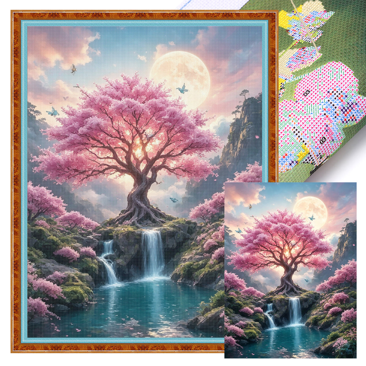 Sakura-Bach unter Mondschein - Vollständiges 11CT Stanz-Kreuzstichset 40x53CM - Huacan