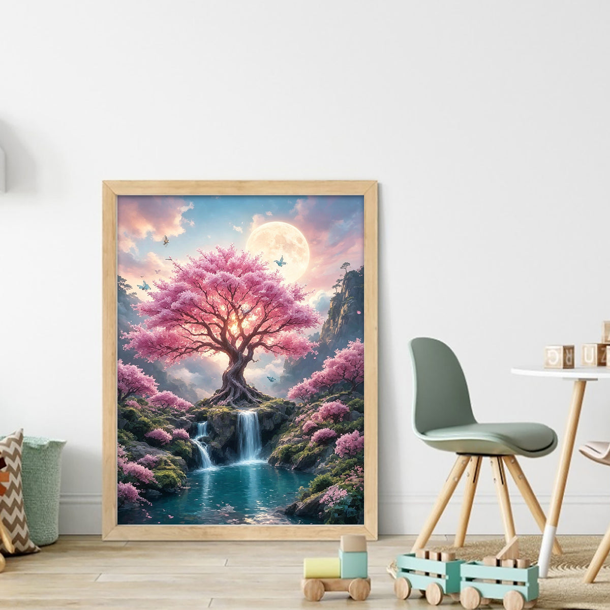Sakura-Bach unter Mondschein - Vollständiges 11CT Stanz-Kreuzstichset 40x53CM - Huacan