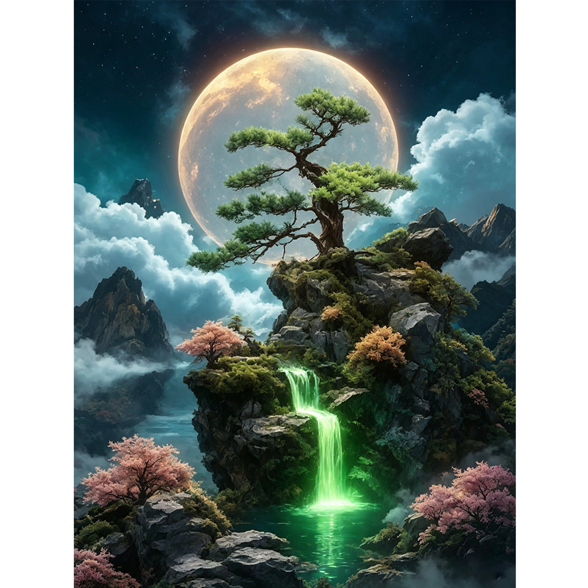 Feen-Wasserfall Kiefer Mond - Vollständiges 11CT Stanz-Kreuzstich-Set 40x53CM - Huacan