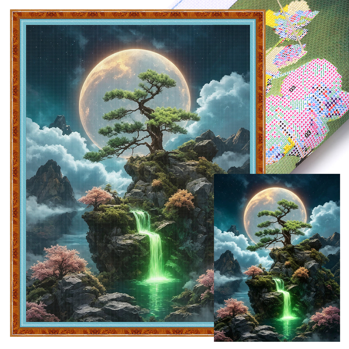 Feen-Wasserfall Kiefer Mond - Vollständiges 11CT Stanz-Kreuzstich-Set 40x53CM - Huacan