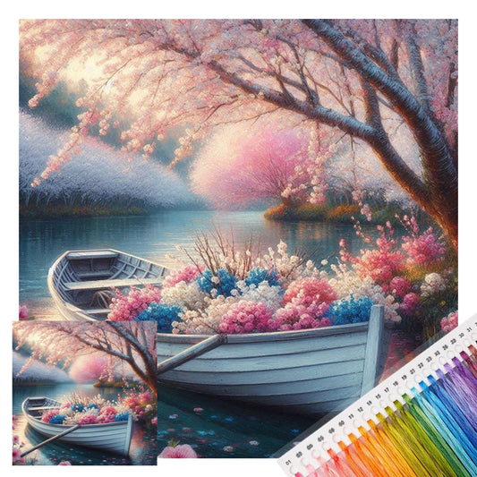 Sakura Stream Blumenboot - Vollständiges 11CT gestempeltes Kreuzstich-Set 40x40CM - Huacan