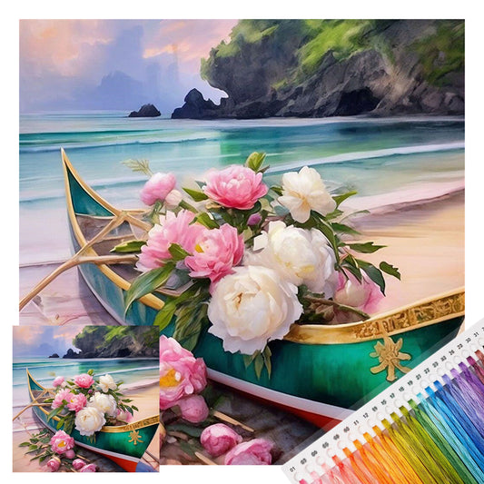 Küstenblumenboot – Vollständiges 11CT gestempeltes Kreuzstich-Set 40x40cm – Huacan