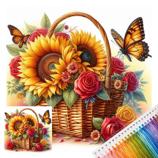 Blumenkorb Schmetterlingsschatten - Komplettes 11CT gestempeltes Kreuzstich-Set 40x40cm - Huacan