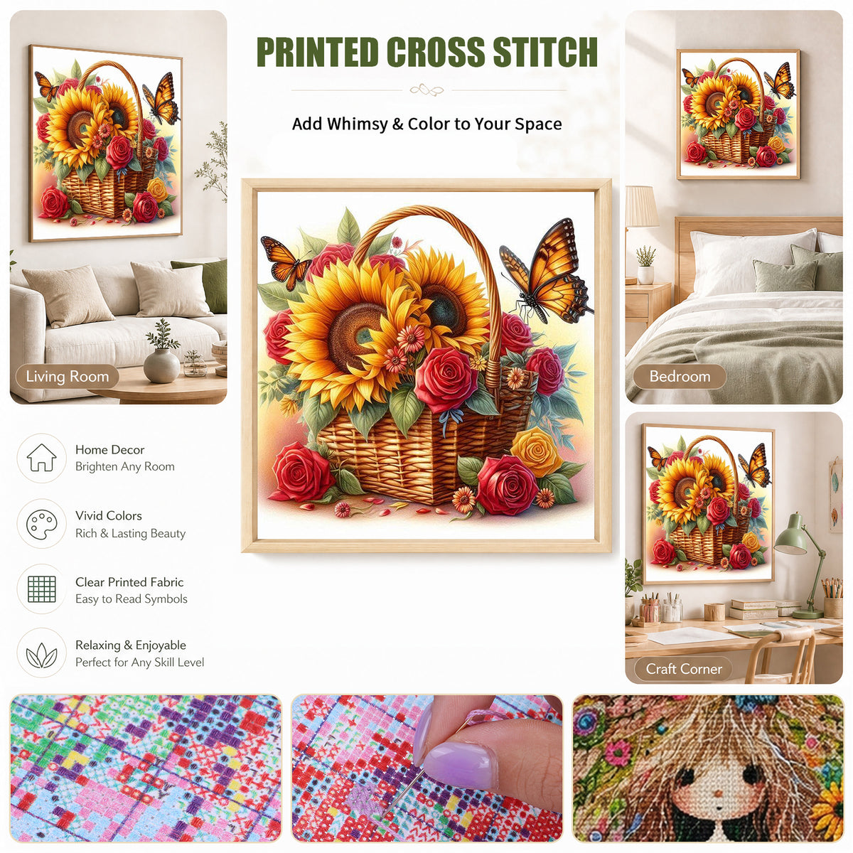 Flower Basket Butterfly Shadow - Full 11CT Stamped Cross Stitch 40x40CM - Huacan