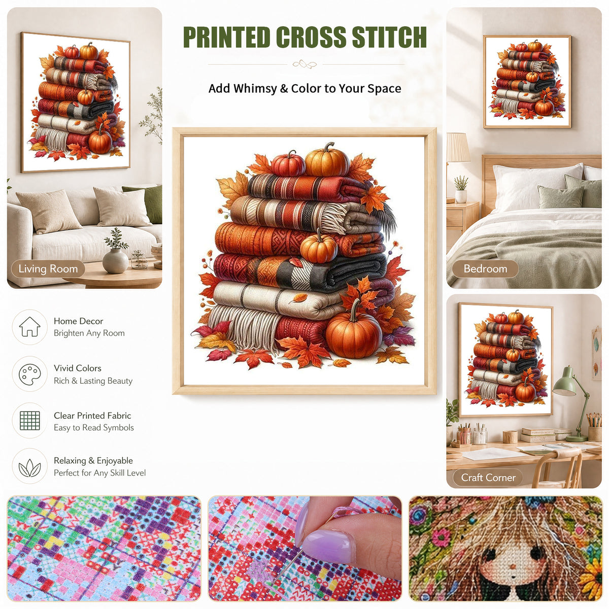Autumn Knit Blanket - Full 11CT Stamped Cross Stitch 40x40CM - Huacan