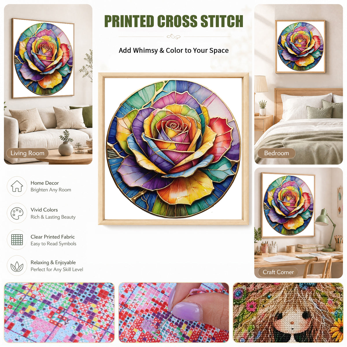 Colorful Glass Rose - Full 11CT Stamped Cross Stitch 40x40CM - Huacan