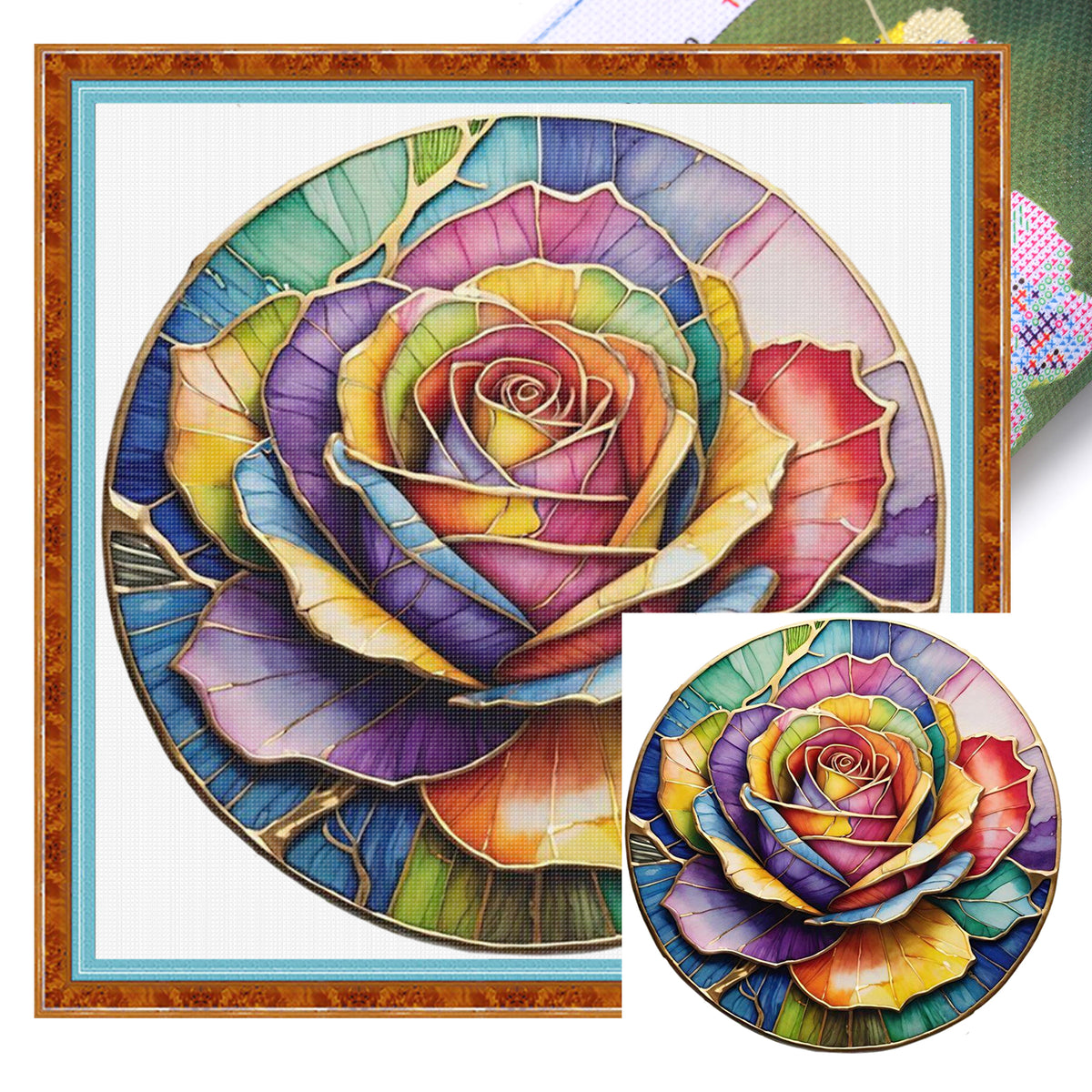 Colorful Glass Rose - Full 11CT Stamped Cross Stitch 40x40CM - Huacan