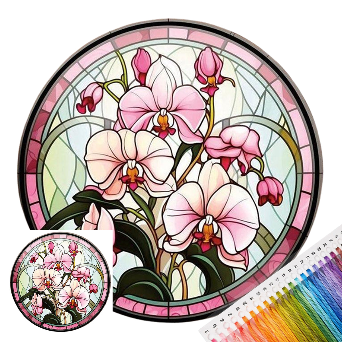 Pink Stained Glass Phalaenopsis - Full 11CT Stamped Cross Stitch 40x40CM - Huacan