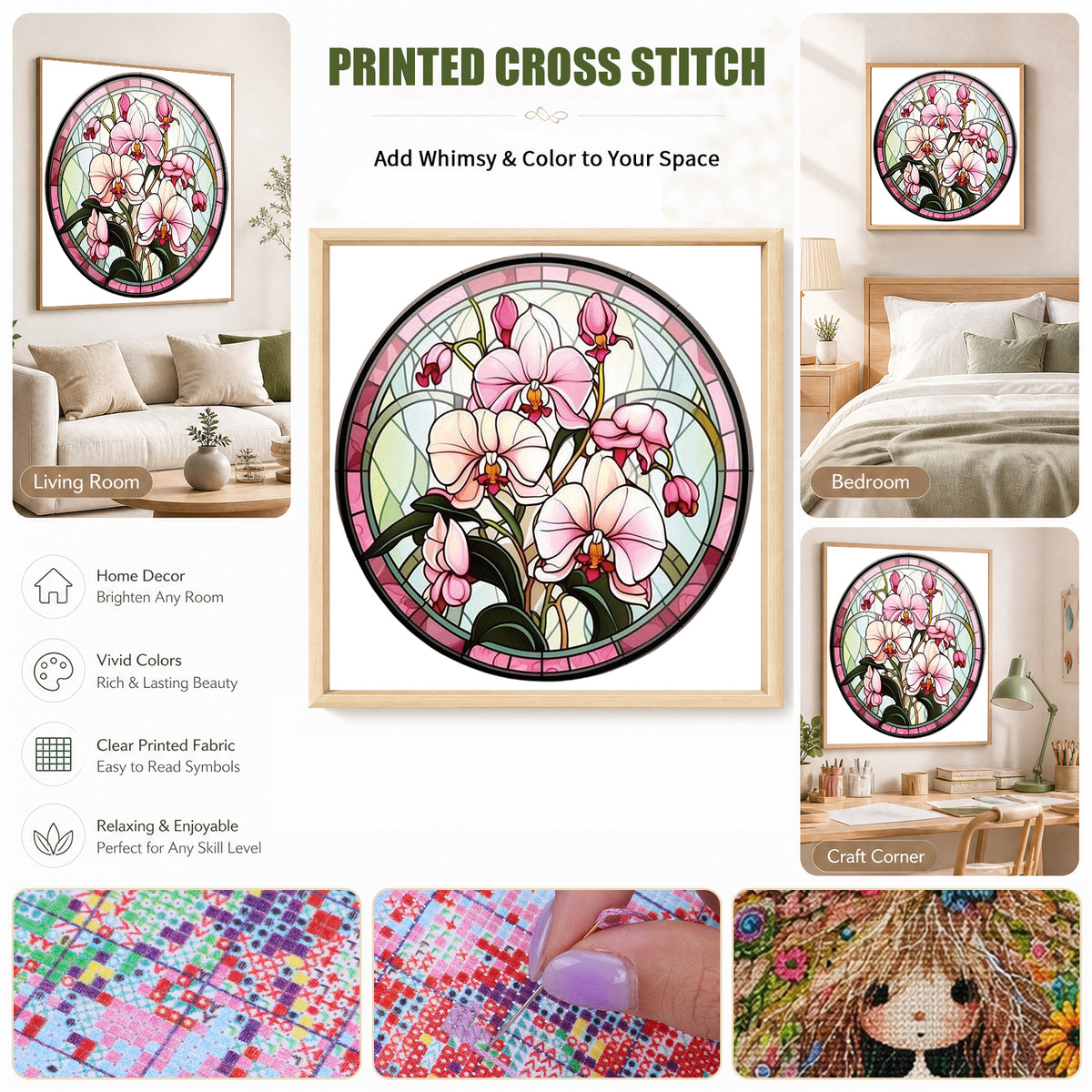 Pink Stained Glass Phalaenopsis - Full 11CT Stamped Cross Stitch 40x40CM - Huacan
