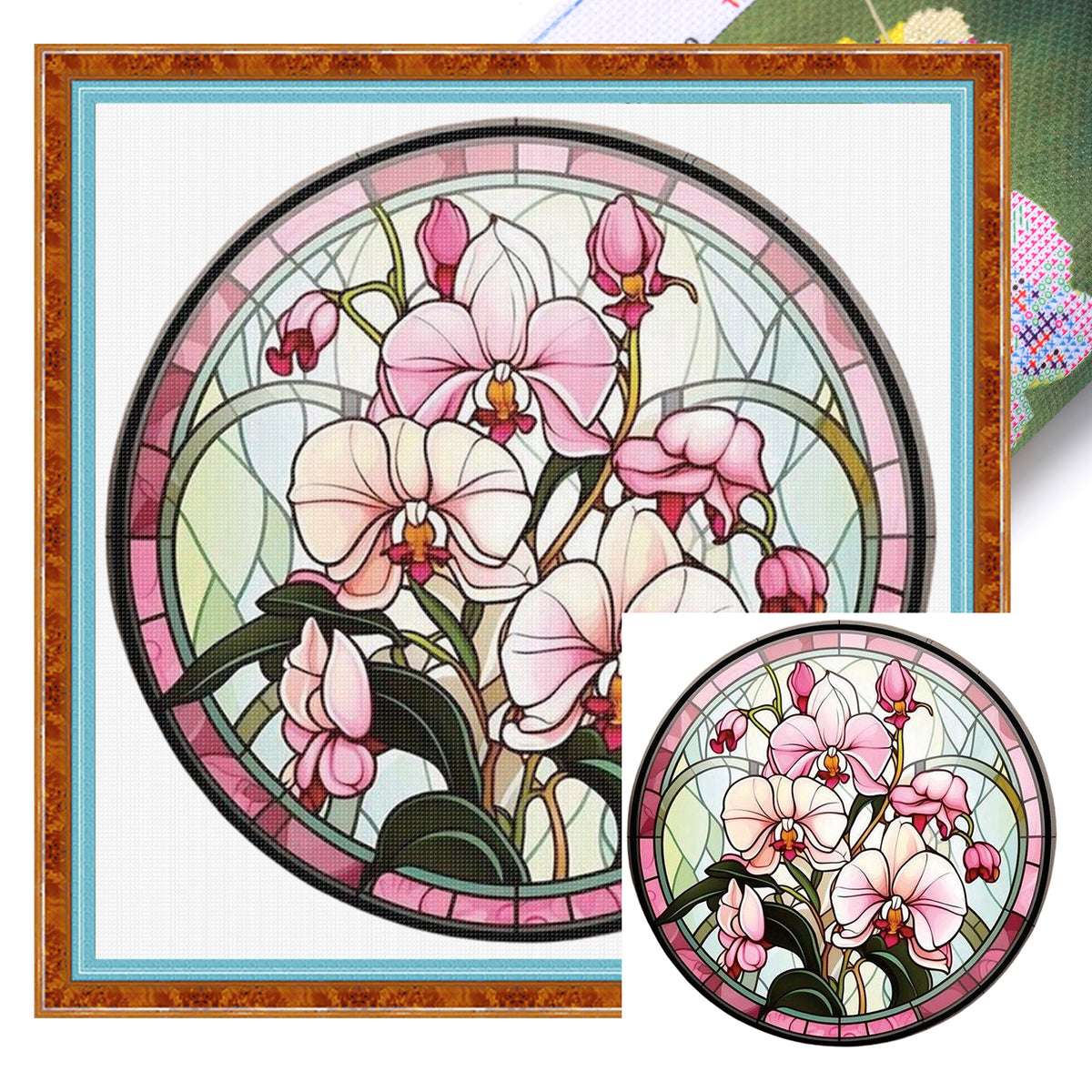 Pink Stained Glass Phalaenopsis - Full 11CT Stamped Cross Stitch 40x40CM - Huacan