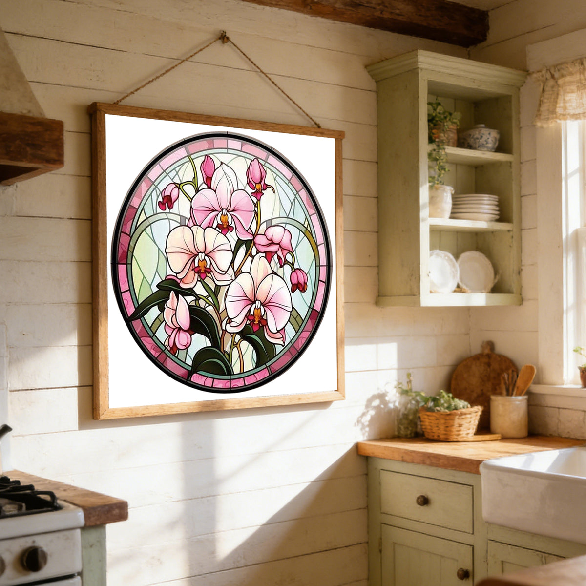 Pink Stained Glass Phalaenopsis - Full 11CT Stamped Cross Stitch 40x40CM - Huacan