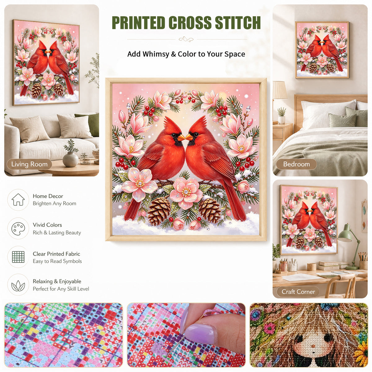 Winter Bird Couple - Full 11CT Stamped Cross Stitch 40x40CM - Huacan