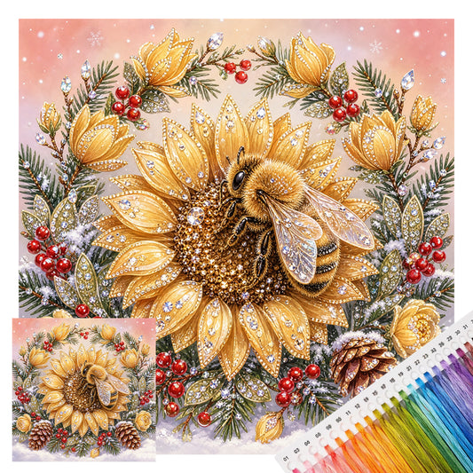Golden Sunflower Bee - Full 11CT Stamped Cross Stitch 40x40CM - Huacan