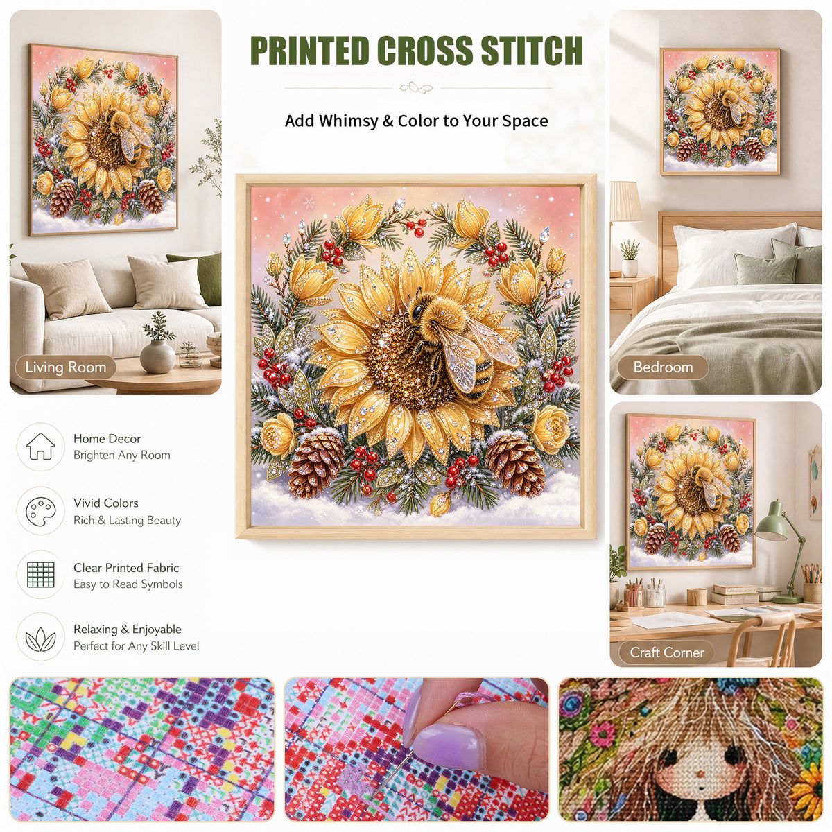 Golden Sunflower Bee - Full 11CT Stamped Cross Stitch 40x40CM - Huacan