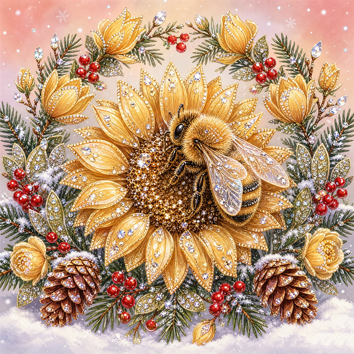 Golden Sunflower Bee - Full 11CT Stamped Cross Stitch 40x40CM - Huacan