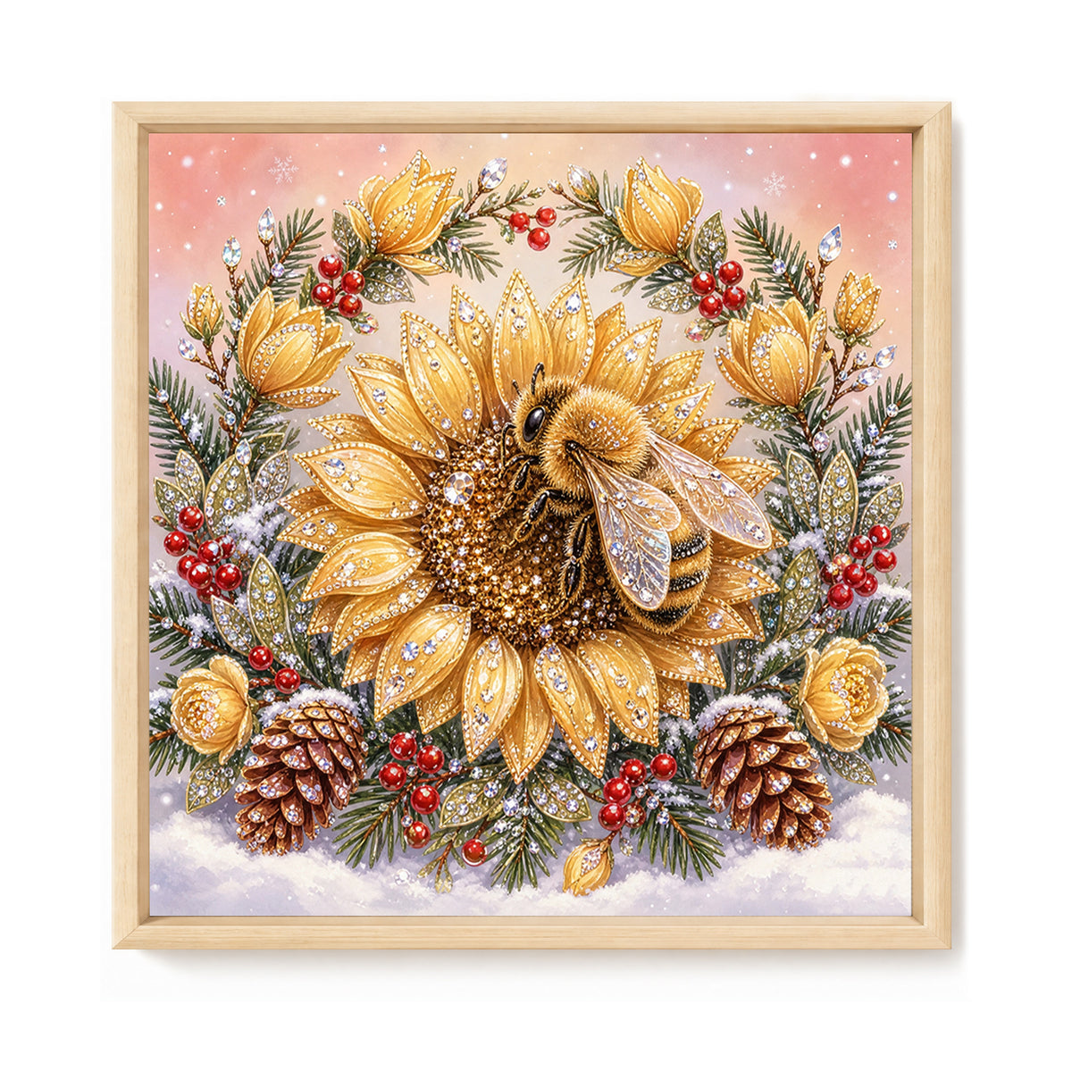Golden Sunflower Bee - Full 11CT Stamped Cross Stitch 40x40CM - Huacan