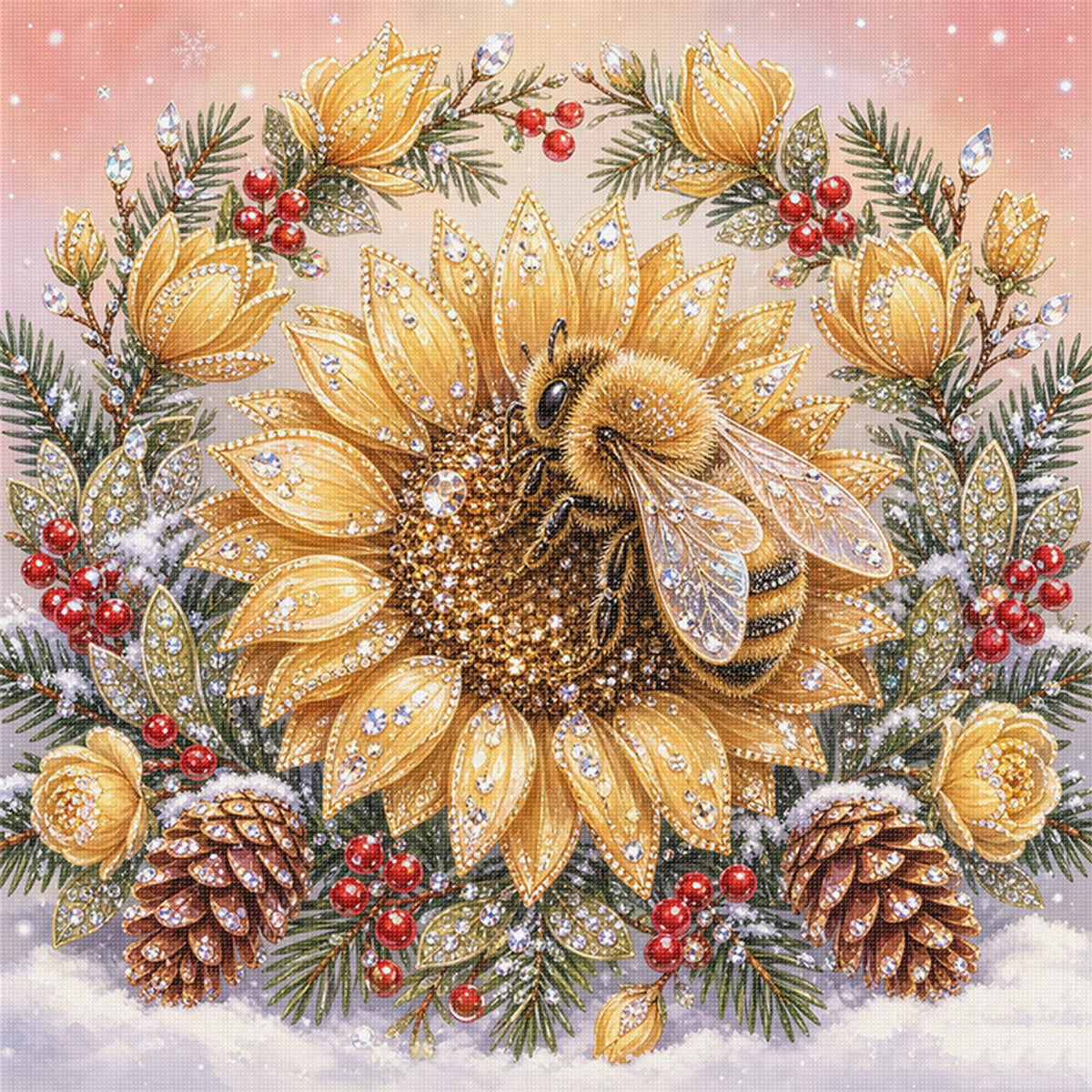 Golden Sunflower Bee - Full 11CT Stamped Cross Stitch 40x40CM - Huacan