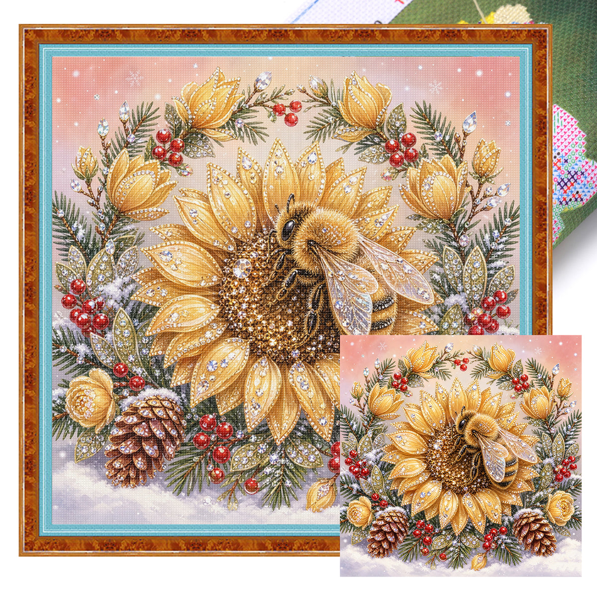 Golden Sunflower Bee - Full 11CT Stamped Cross Stitch 40x40CM - Huacan