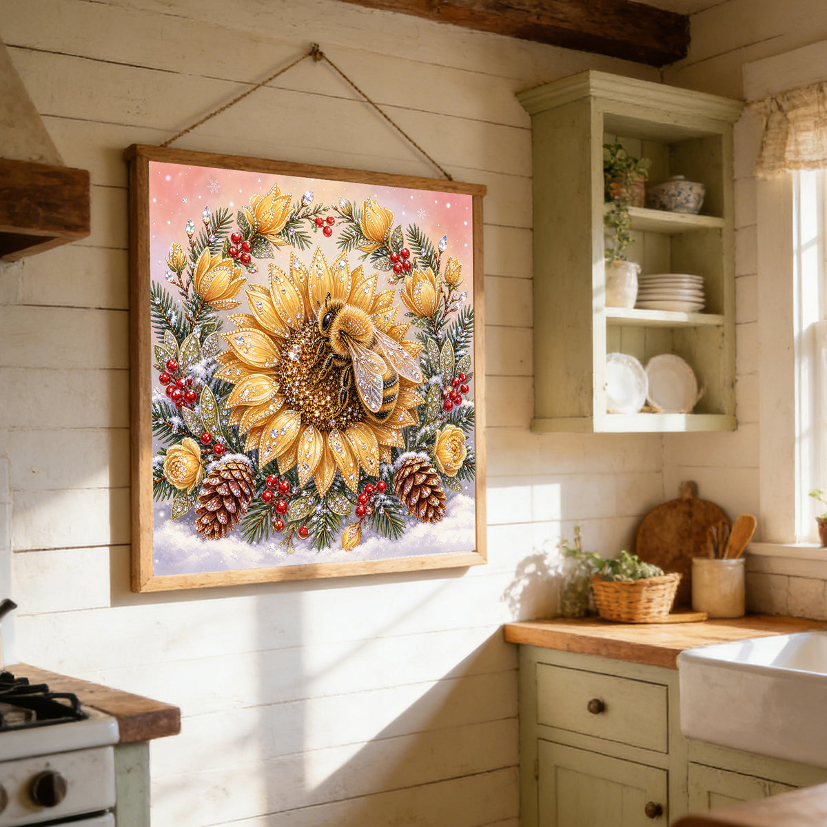 Golden Sunflower Bee - Full 11CT Stamped Cross Stitch 40x40CM - Huacan