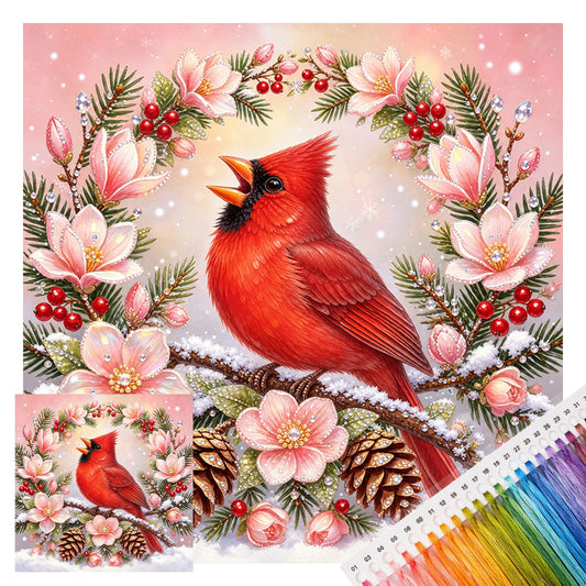 Singender Vogel im verschneiten Wald - Vollständiges 11CT Stempel-Kreuzstichset 40x40 cm - Huacan