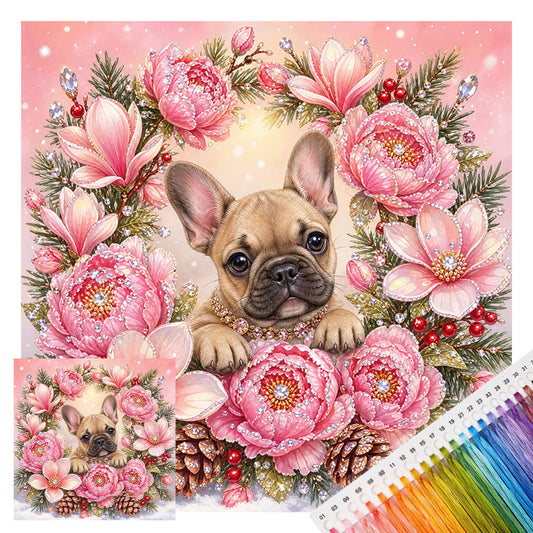 Pfingstrose Französische Bulldogge - Vollständiges 11CT Stempel-Kreuzstichset 40x40CM - Huacan