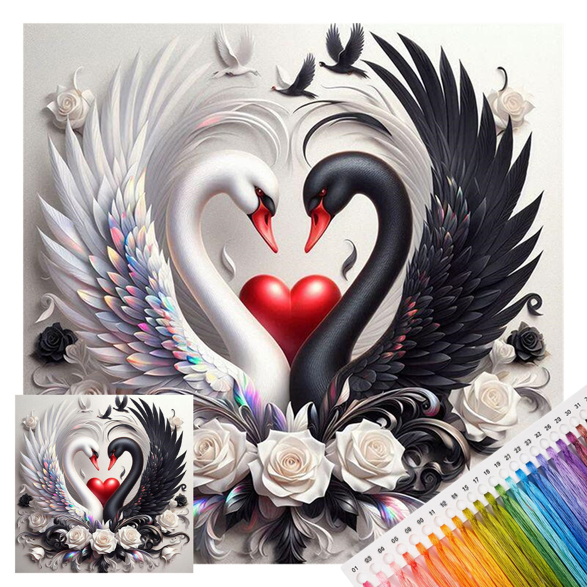 Schwarz-weißes liebendes Schwanenpaar – Komplettes 11CT Stempel-Kreuzstich-Set 40x40 cm – Huacan