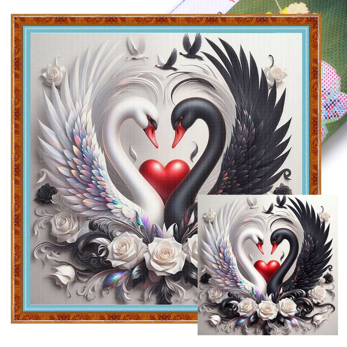 Schwarz-weißes liebendes Schwanenpaar – Komplettes 11CT Stempel-Kreuzstich-Set 40x40 cm – Huacan