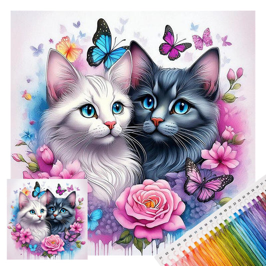 Weiß-Graue zwei Katzen - Vollständiges 11CT Stempel-Kreuzstich-Set 40x40CM - Huacan
