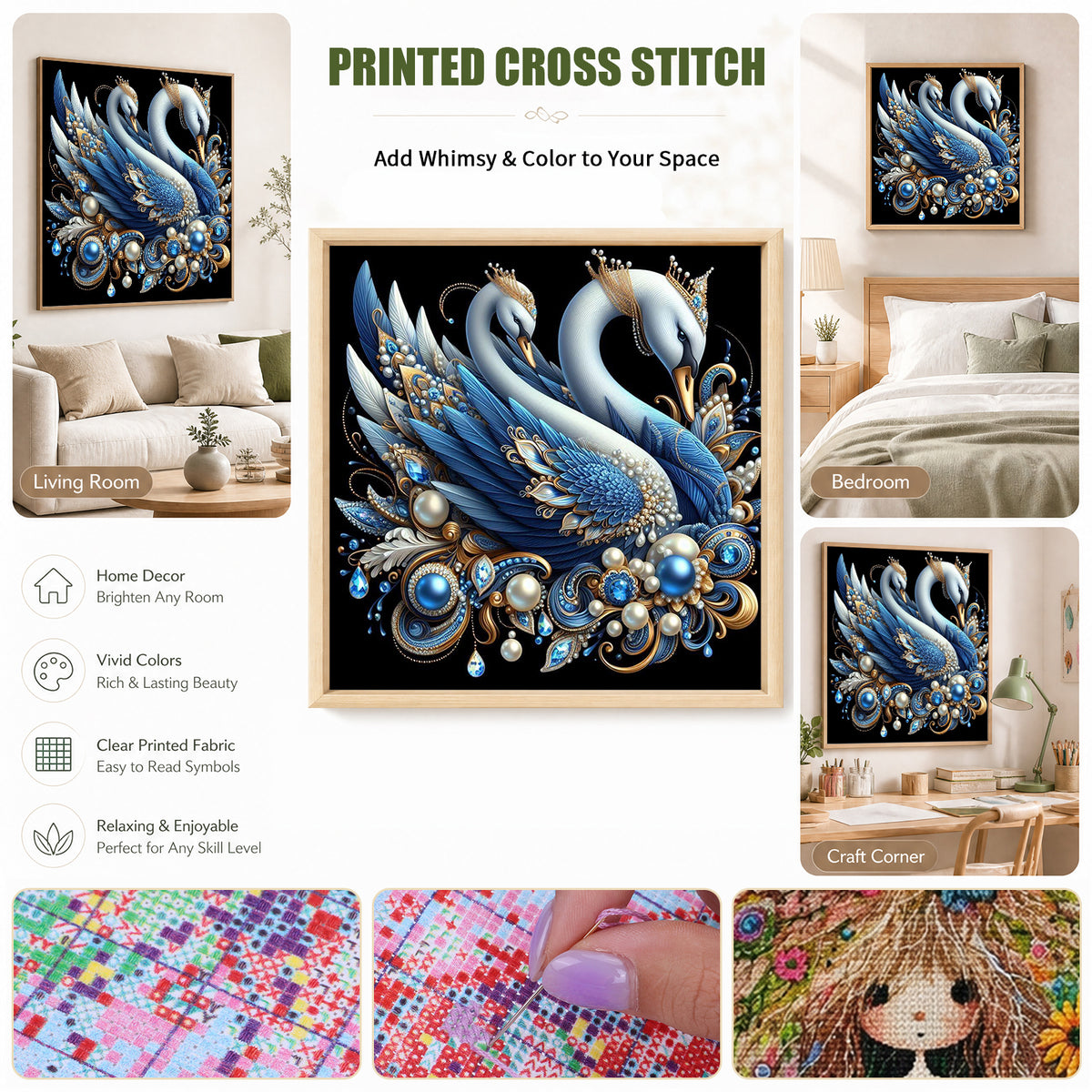 Blue Gold Swan - Full 11CT Stamped Cross Stitch 40x40CM - Huacan