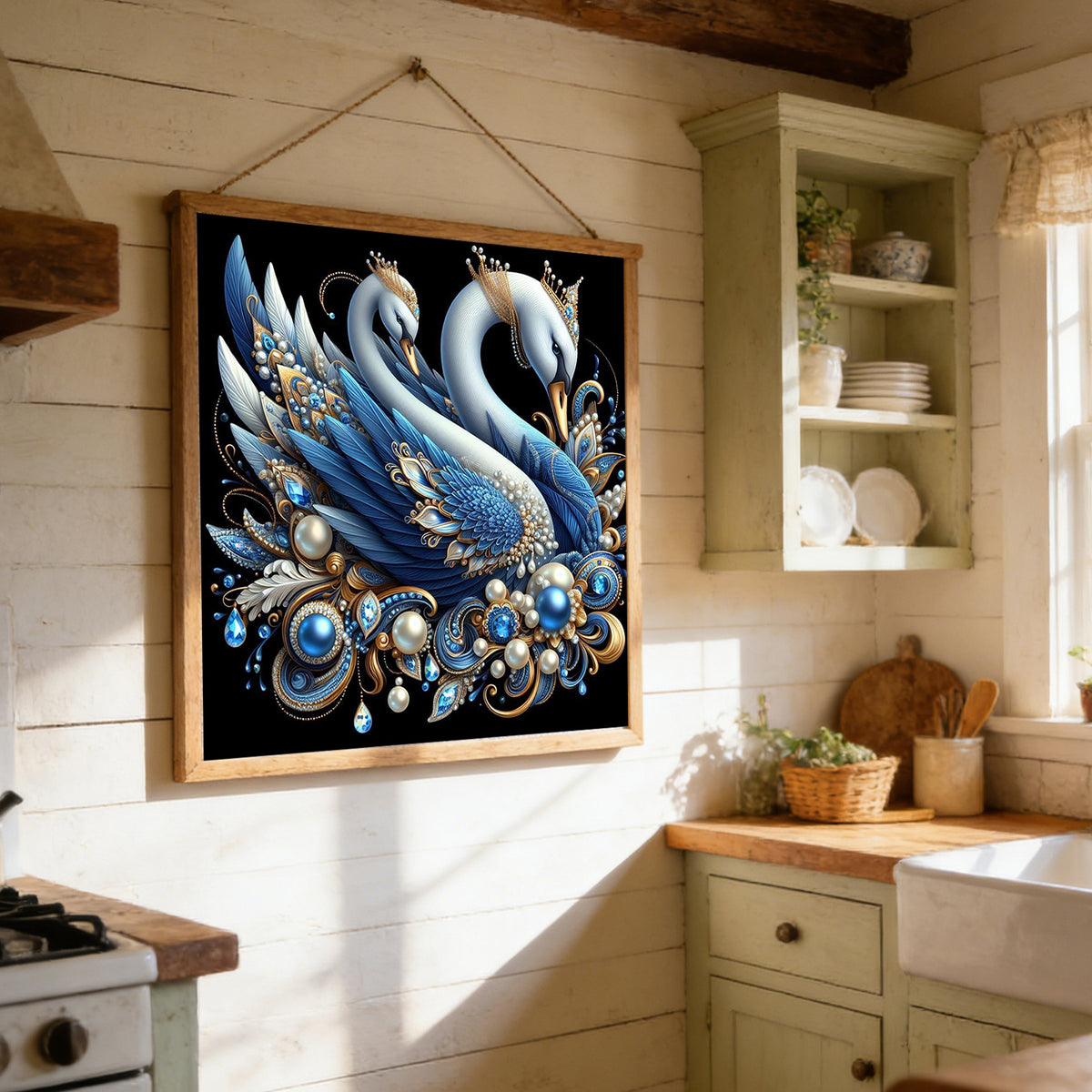 Blue Gold Swan - Full 11CT Stamped Cross Stitch 40x40CM - Huacan
