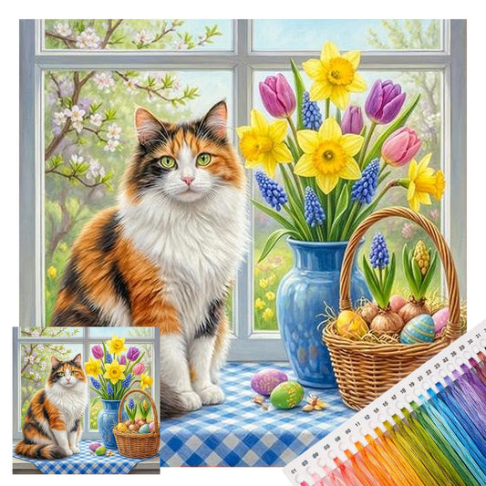 Dreifarbige Sommerkatze – Vollständiges 14CT gestempeltes Kreuzstich-Set 40x40cm – Huacan