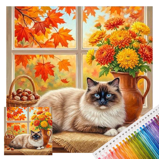 Siamesische Katze des Herbstes - Vollständiges 14CT gestempeltes Kreuzstich-Set 40x40CM - Huacan