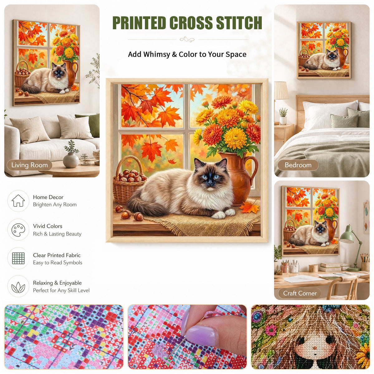 Siamese Cat Of Autumn - Full 14CT Stamped Cross Stitch 40x40CM - Huacan