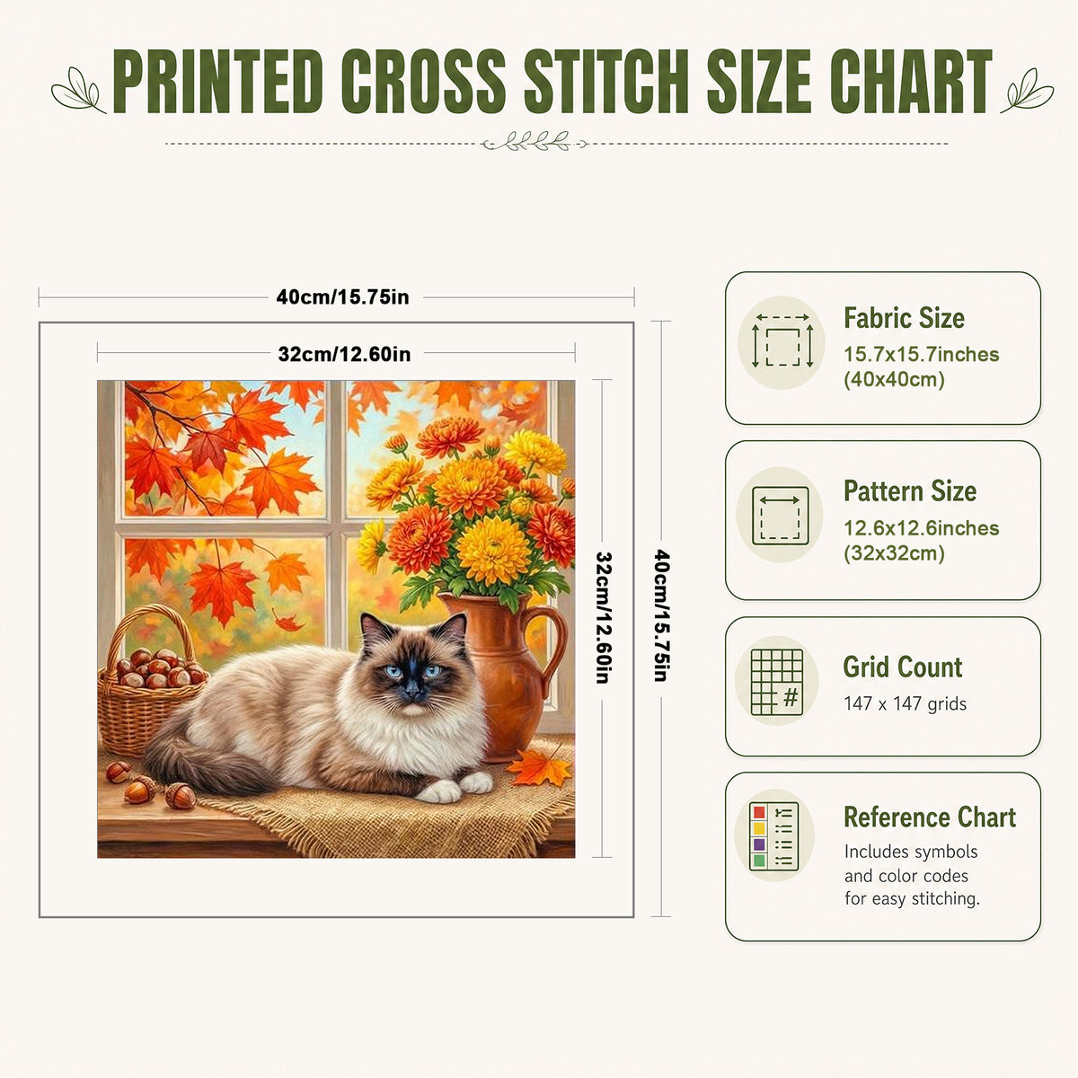 Siamese Cat Of Autumn - Full 14CT Stamped Cross Stitch 40x40CM - Huacan
