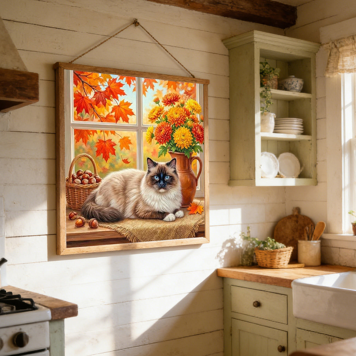 Siamese Cat Of Autumn - Full 14CT Stamped Cross Stitch 40x40CM - Huacan