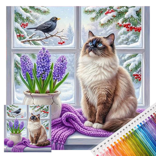 Siamesische Katze im Winter - Vollständiges 14CT Stempel-Kreuzstich-Set 40x40CM - Huacan