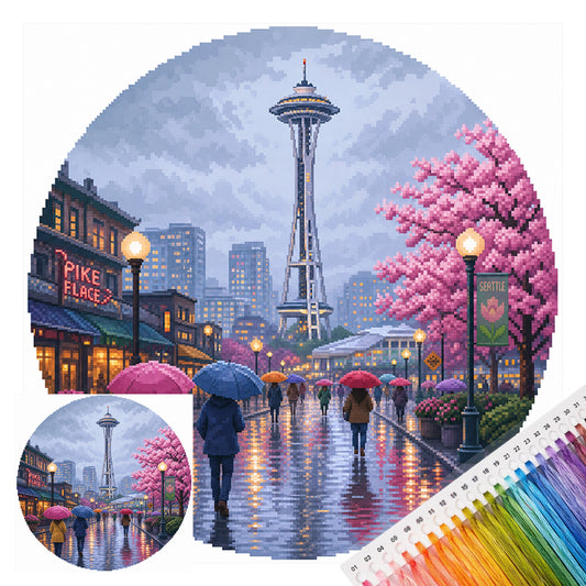 Flower Tower In Rain Alley - Full 14CT Stamped Cross Stitch 30x30CM - Huacan