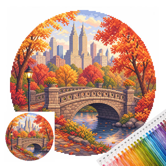 Maple Fall Stone Bridge - Full 14CT Stamped Cross Stitch 30x30CM - Huacan