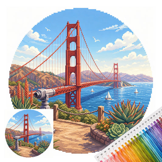 Rote Brücke Blaues Meer - Vollständiges 14CT gestempeltes Kreuzstich-Set 30x30CM - Huacan