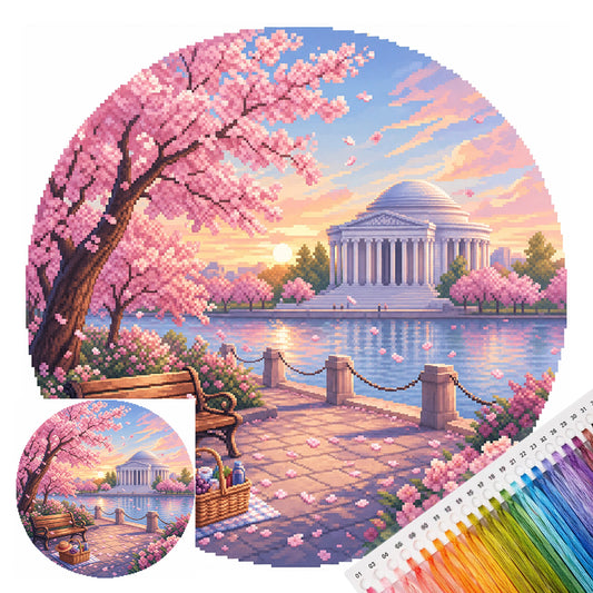 Cherry Blossom Lakeside At Dusk - Full 14CT Stamped Cross Stitch 30x30CM - Huacan