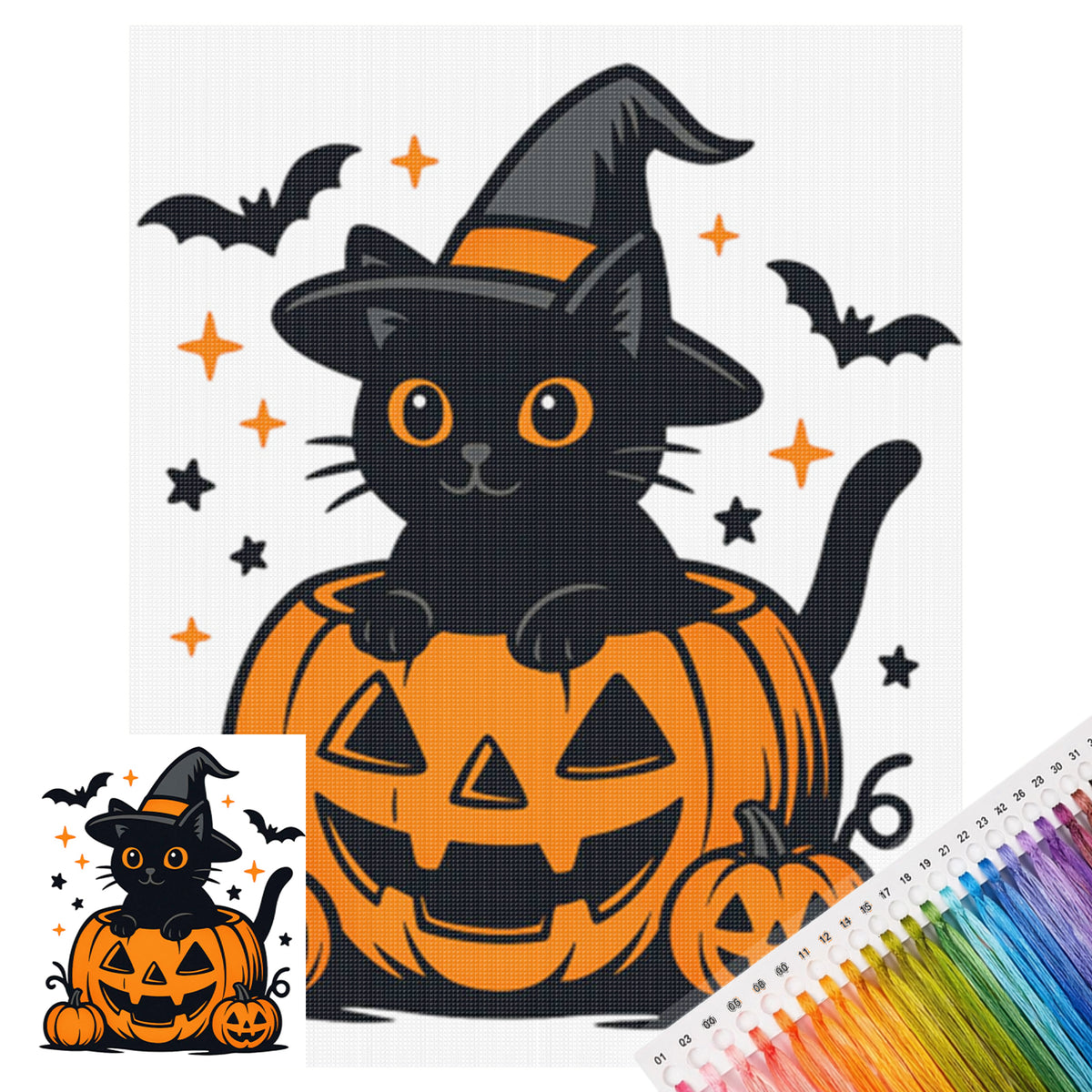 Black Cat Pumpkin - Full 11CT Stamped Cross Stitch 40x50CM - Huacan
