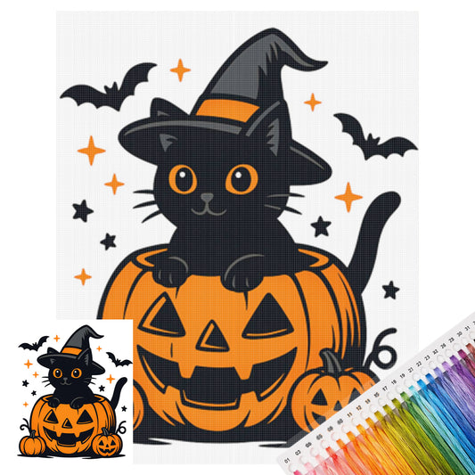 Schwarze Katze Kürbis – Vollständiges 11CT Stempel-Kreuzstich-Set 40x50CM – Huacan