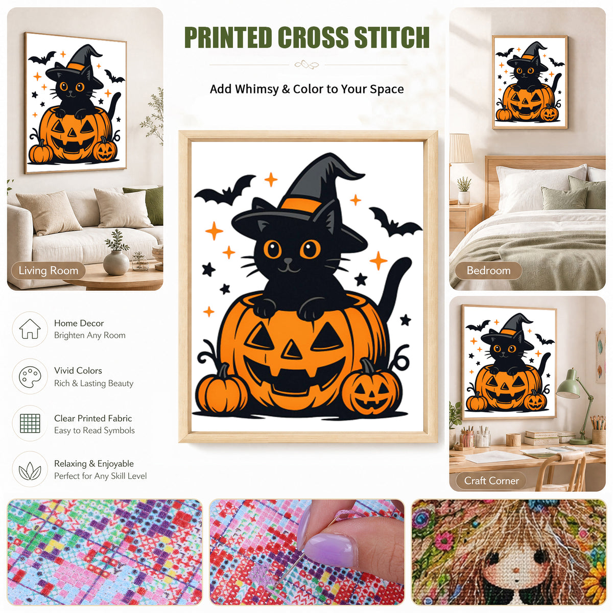 Black Cat Pumpkin - Full 11CT Stamped Cross Stitch 40x50CM - Huacan