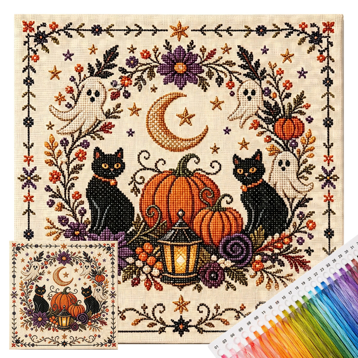 Schwarze Katzen-Kürbis – Stempel-Kreuzstich 30x30CM – Huacan