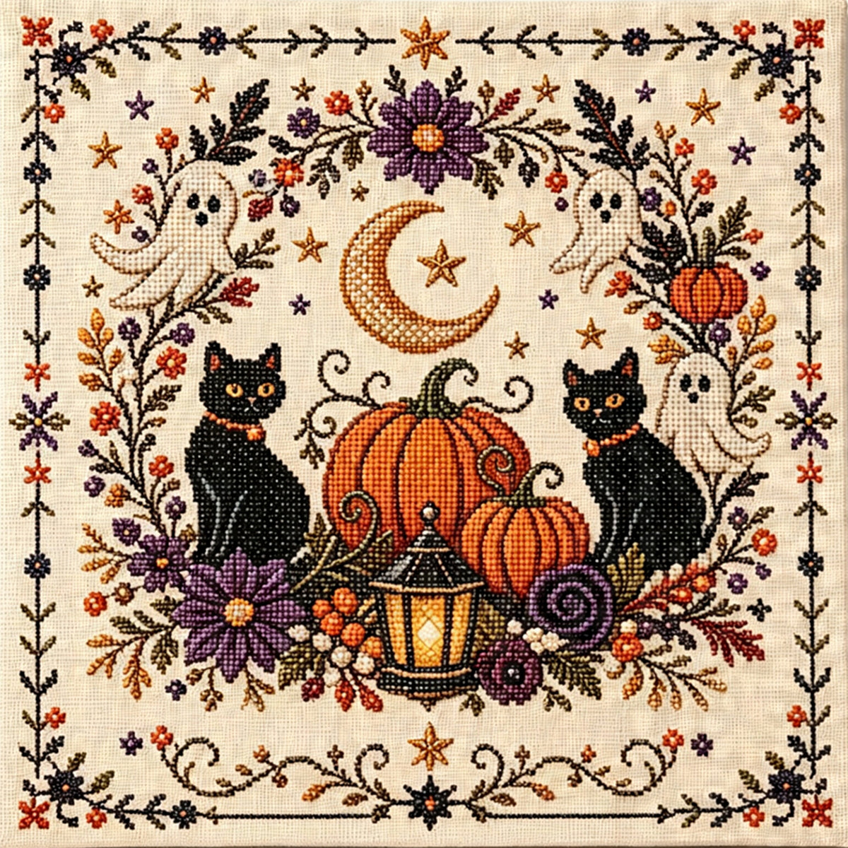 Schwarze Katzen-Kürbis – Stempel-Kreuzstich 30x30CM – Huacan