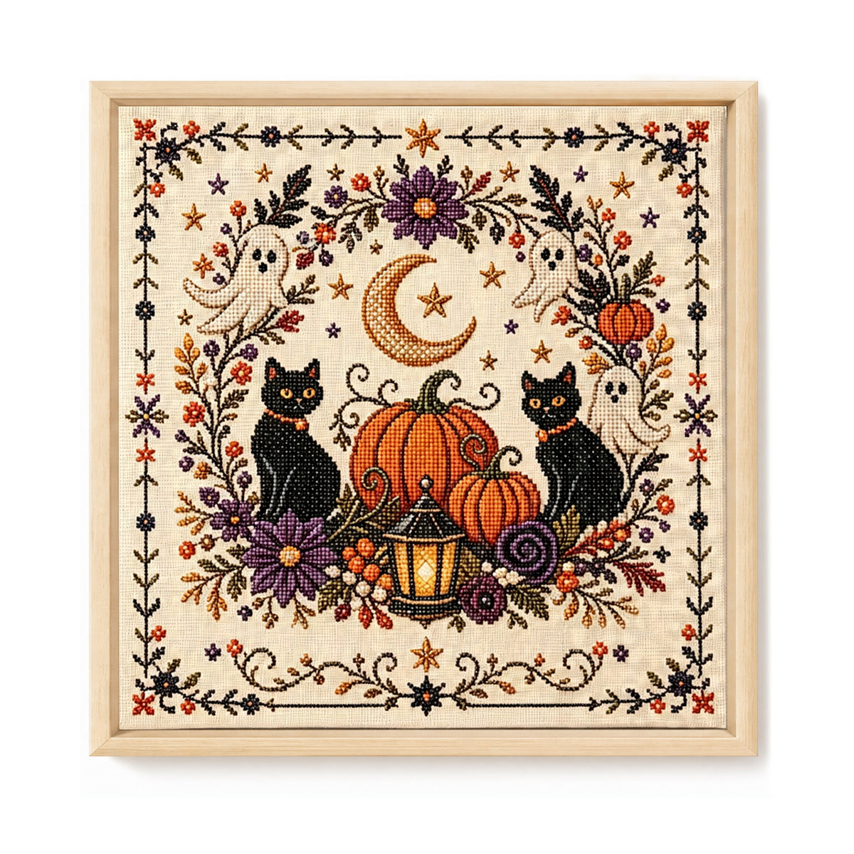Schwarze Katzen-Kürbis – Stempel-Kreuzstich 30x30CM – Huacan